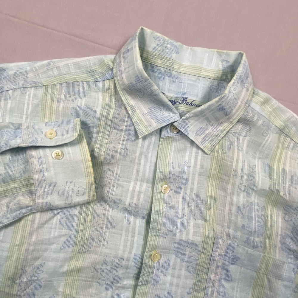 Tommy Bahama Floral Stripe Button Down Shirt Mens Large Light 100% Linen L/S